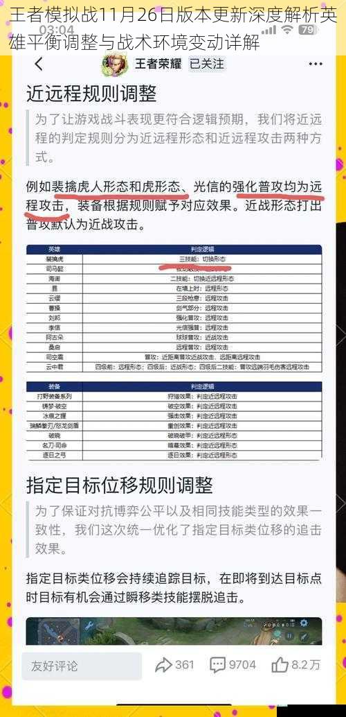 王者模拟战11月26日版本更新深度解析英雄平衡调整与战术环境变动详解